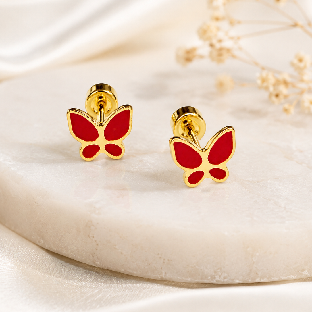 Aros con mariposa esmaltada en acero dorado