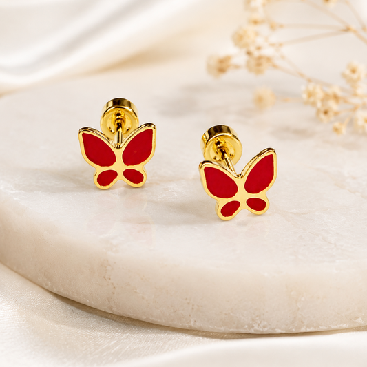 Aros con mariposa esmaltada en acero dorado