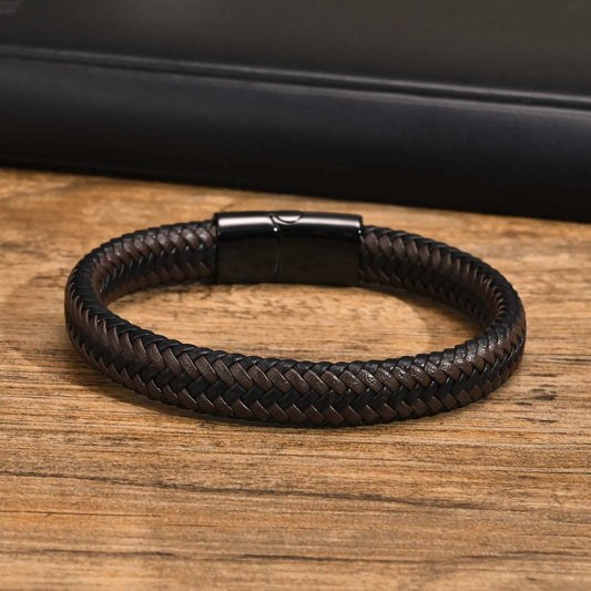 Pulsera Trenzada Ecocuero Marrón y Negro con Cierre Magnético