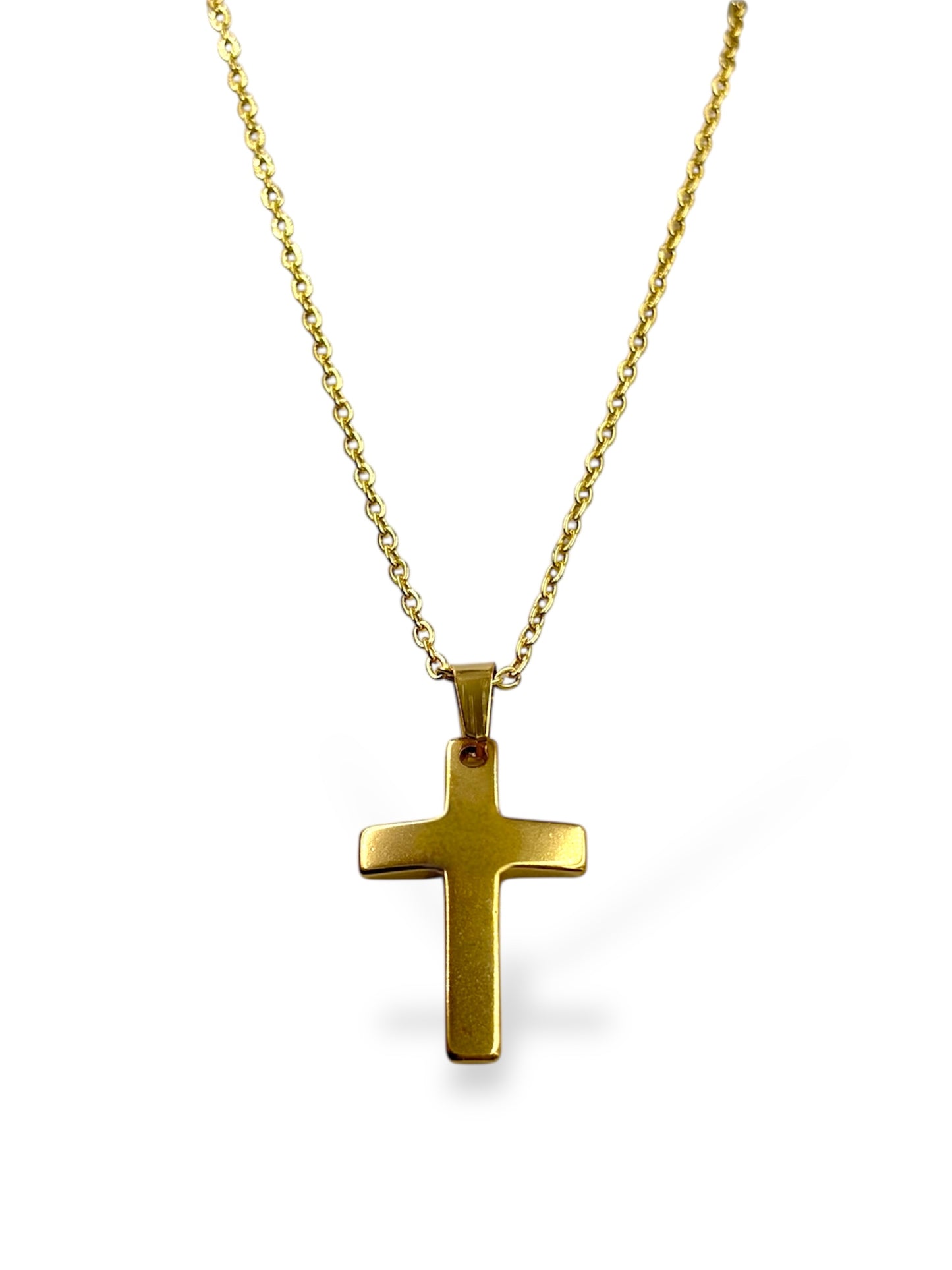 Cadena y Cruz Bombe Angosta en Acero Dorado