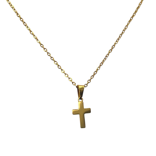 Cadena y cruz en acero dorado