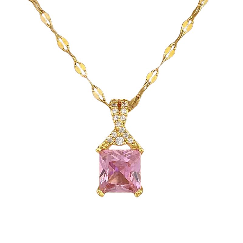 Cadena con dije cubic rosa en acero dorado