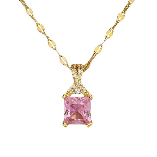 Cadena con dije cubic rosa en acero dorado