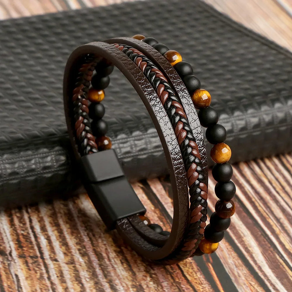 Pulsera Hombre Ecocuero Trenzado y Piedras Ojo de Tigre