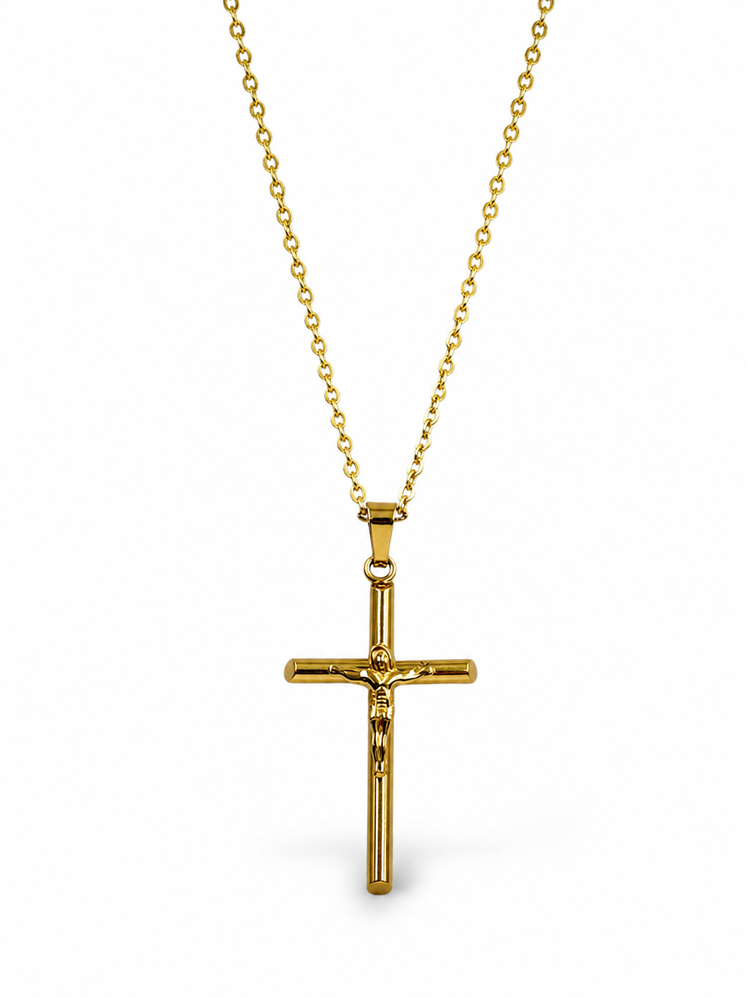 Cadena y cruz con cristo en acero dorado