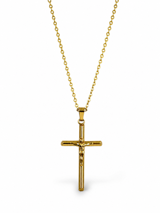 Cadena y cruz con cristo en acero dorado