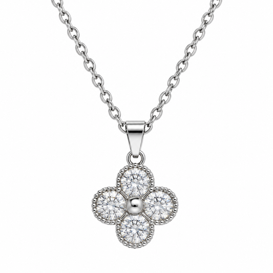 Collar de Acero con Dije Trebol y Cubic Zirconia