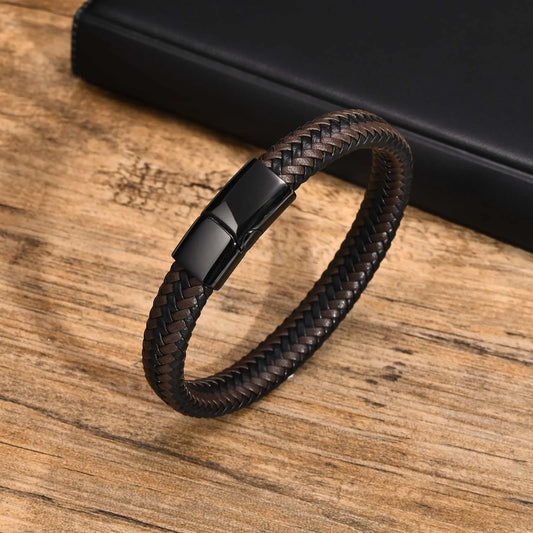 Pulsera Trenzada Ecocuero Marrón y Negro con Cierre Magnético