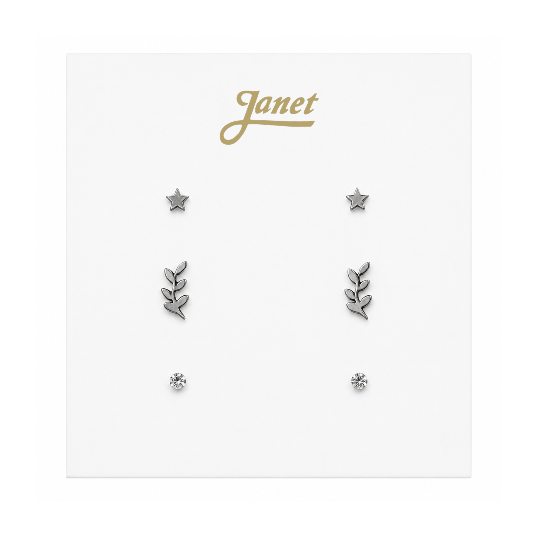 Set de 3 Pares de Aros de Acero Quirúrgico – Estrella, Hoja y Strass