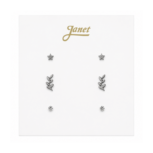 Set de 3 Pares de Aros de Acero Quirúrgico – Estrella, Hoja y Strass