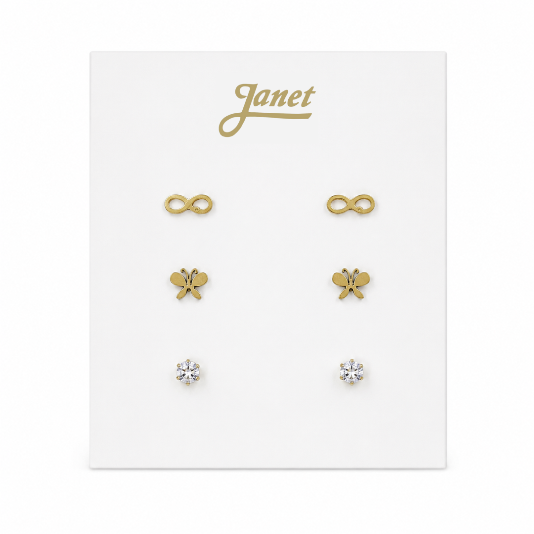 Set de 3 Pares de Aros de Acero Dorado – Infinito, Mariposa y Cubic Zirconia