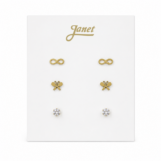 Set de 3 Pares de Aros de Acero Dorado – Infinito, Mariposa y Cubic Zirconia