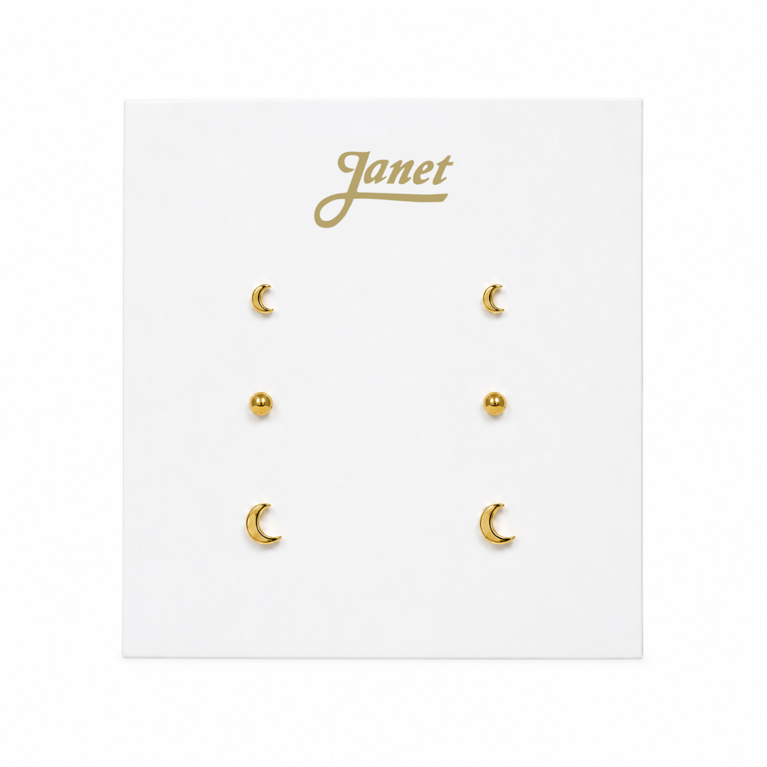Set de 3 Pares de Aros de Acero Quirúrgico Dorado – Lunas y Bolitas