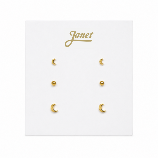 Set de 3 Pares de Aros de Acero Quirúrgico Dorado – Lunas y Bolitas