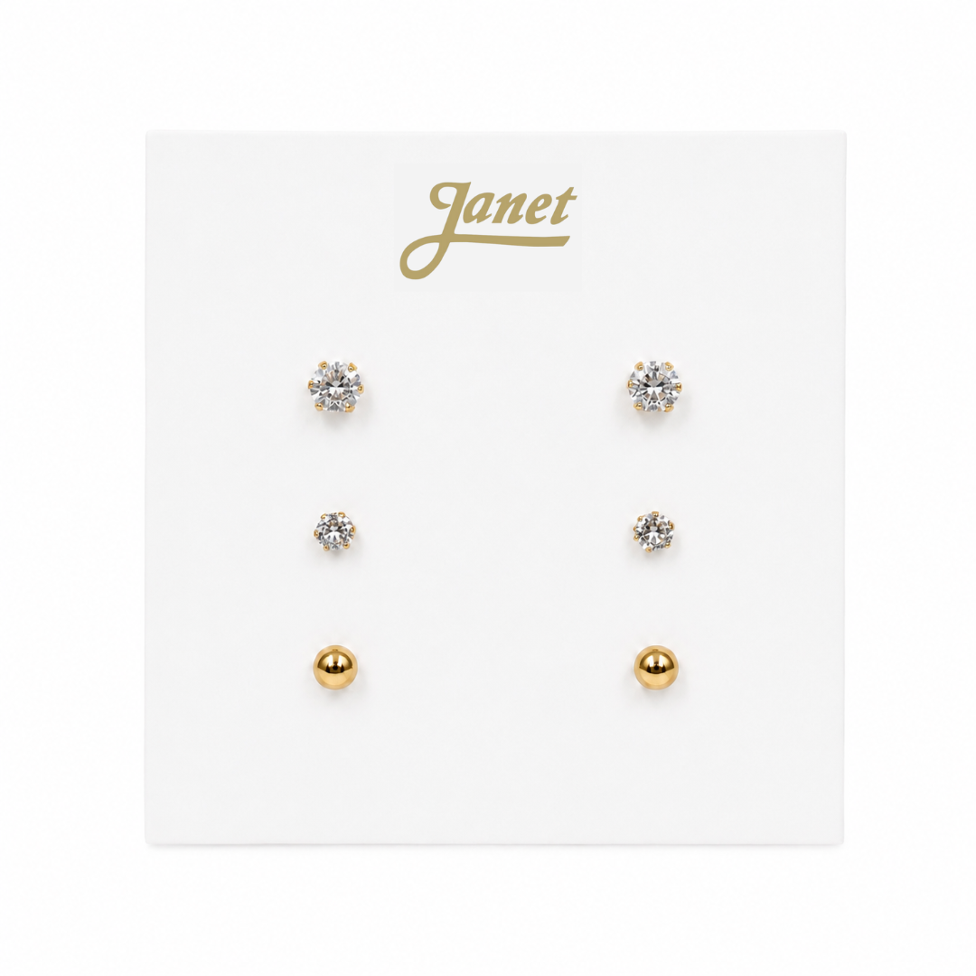 Set de 3 Pares de Aros de Acero Dorado – Cubic Zirconia y Bolita