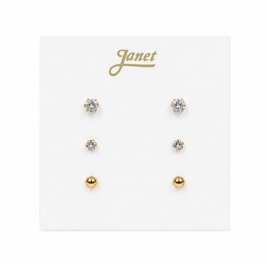 Set de 3 Pares de Aros de Acero Dorado – Cubic Zirconia y Bolita