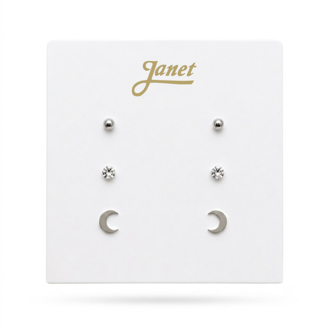 Set de 3 Pares de Aros de Acero Quirúrgico – Bolita, Piedra Strass y Luna