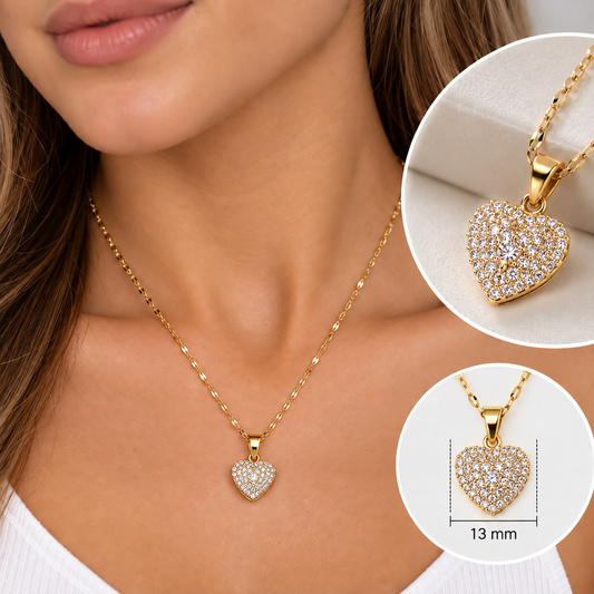 Cadena y Dije Corazón con micro cubics en Acero Dorado