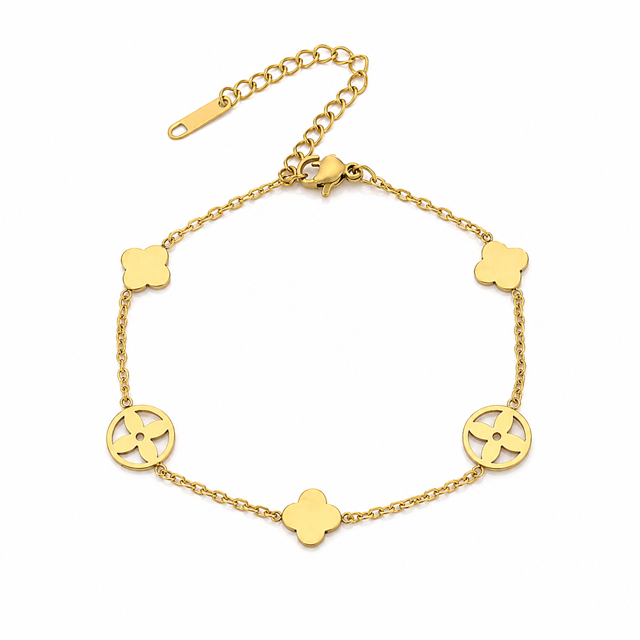 Pulsera de Acero Dorado con Tréboles y Dijes Florales