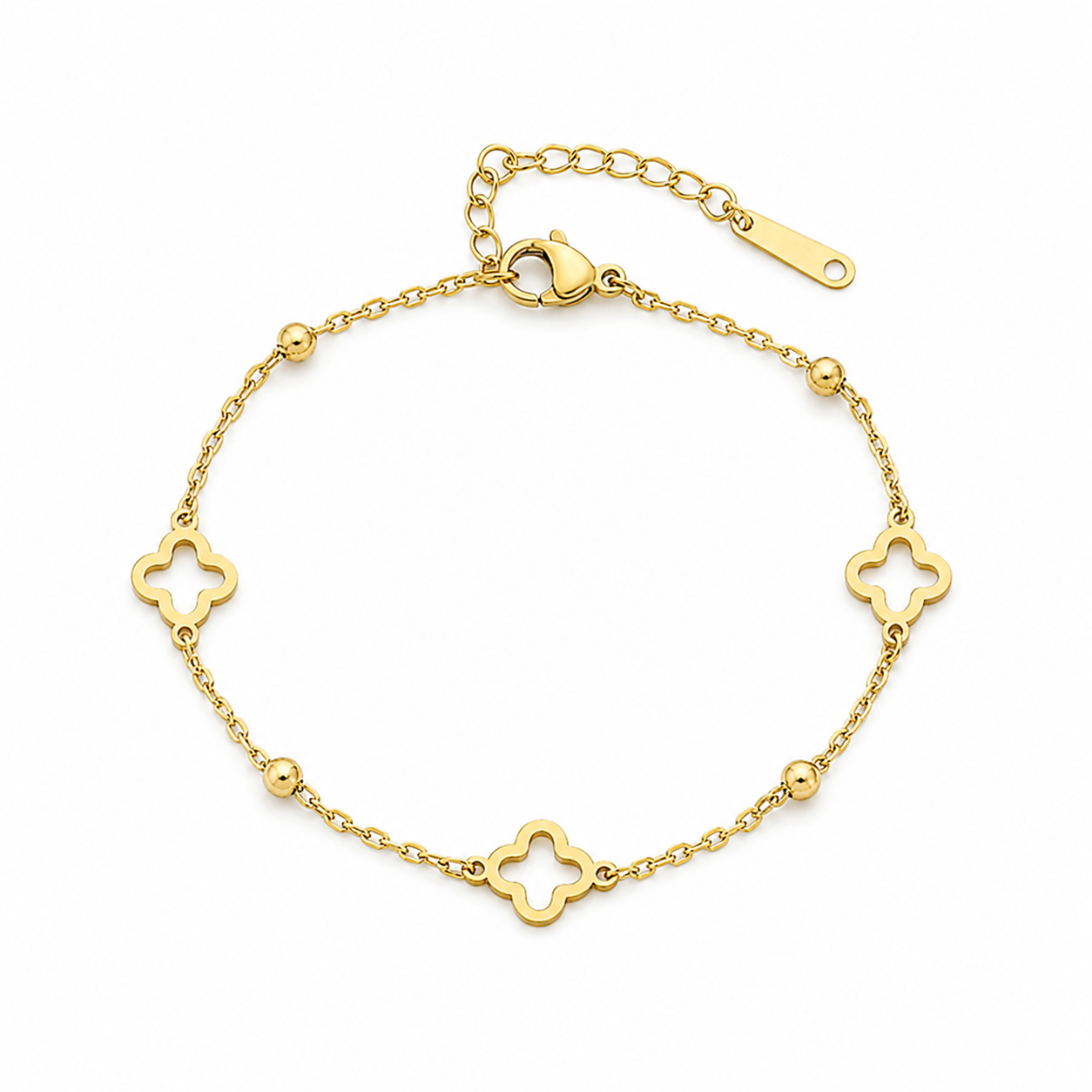 Pulsera de Acero Dorado con Dijes Trébol y Bolitas