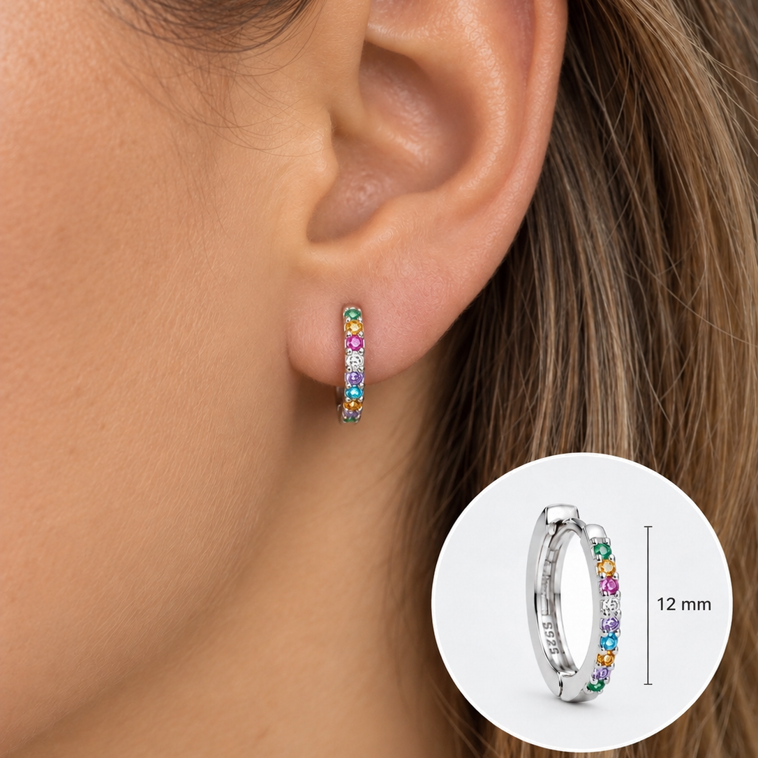 Aros Huggies Plata 925 12mm con Micro Cubic Multicolor