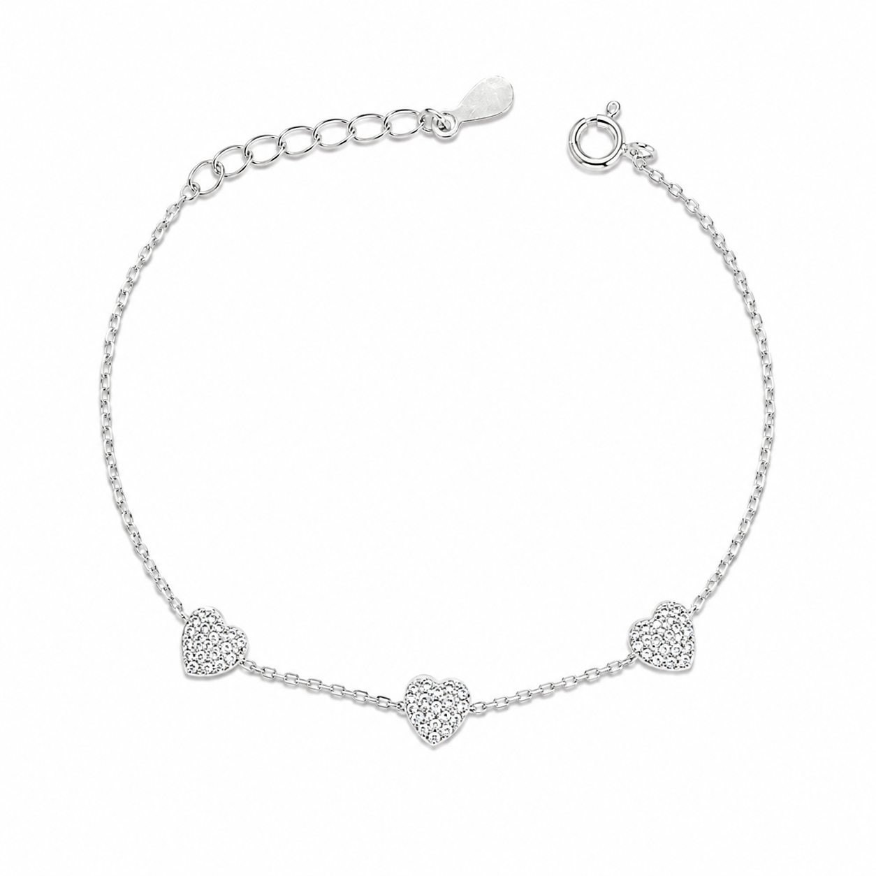 Pulsera Plata 925 tres corazones con cubics