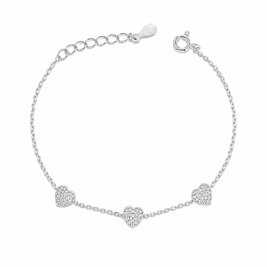 Pulsera Plata 925 tres corazones con cubics