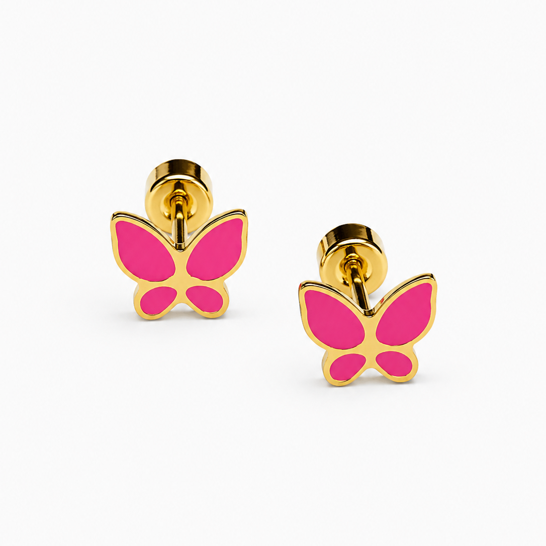 Aros con mariposa esmaltada en acero dorado