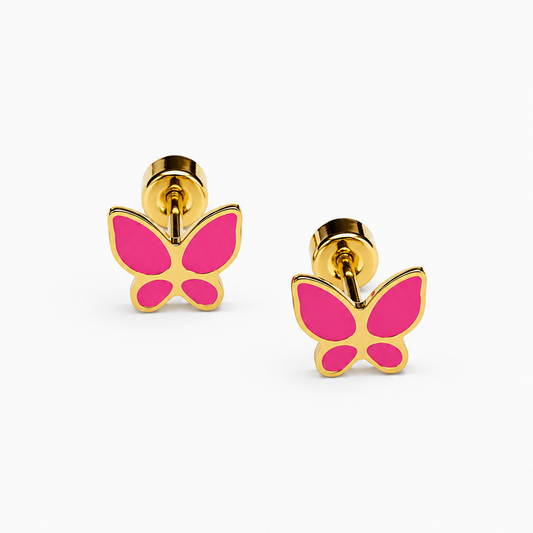 Aros con mariposa esmaltada en acero dorado