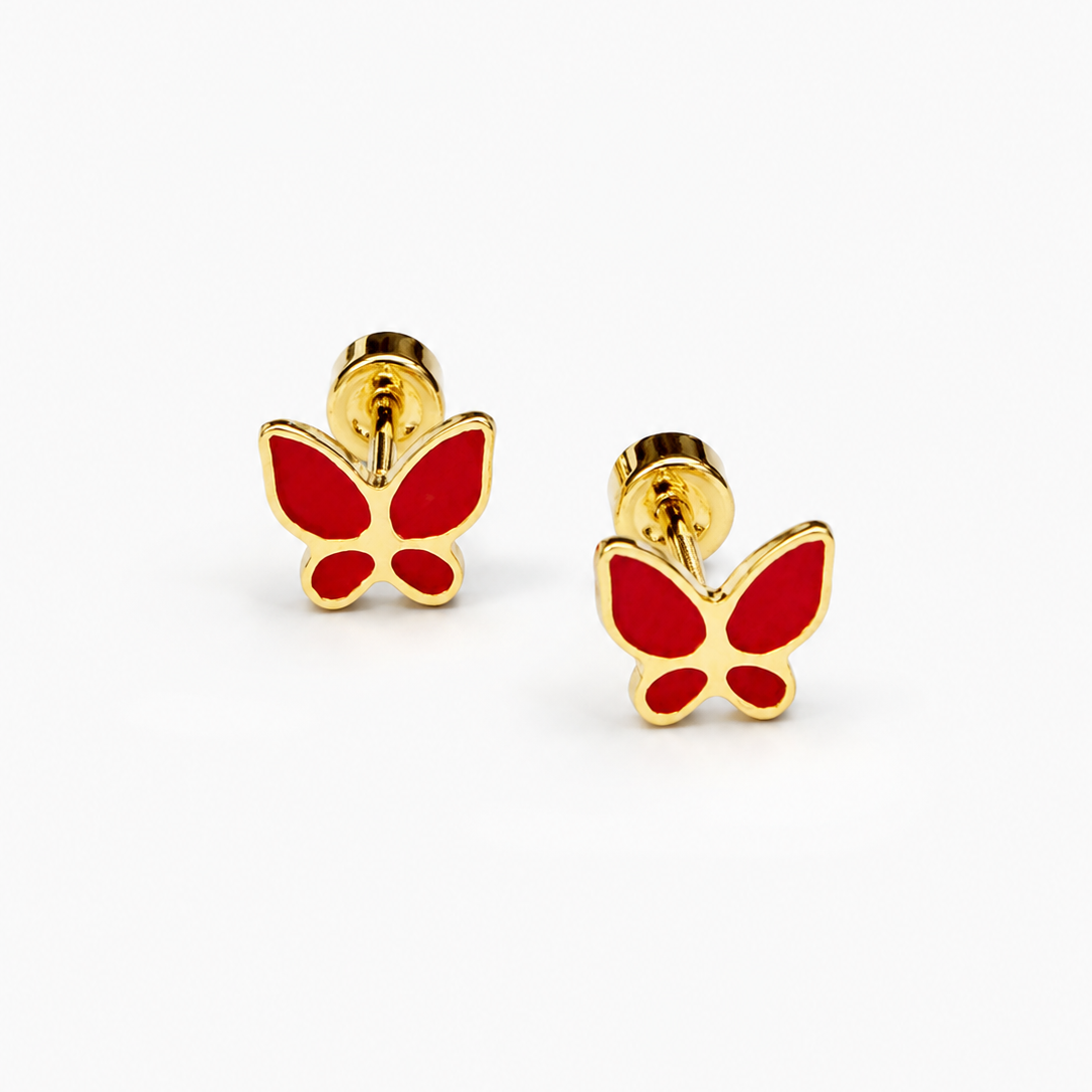 Aros con mariposa esmaltada en acero dorado