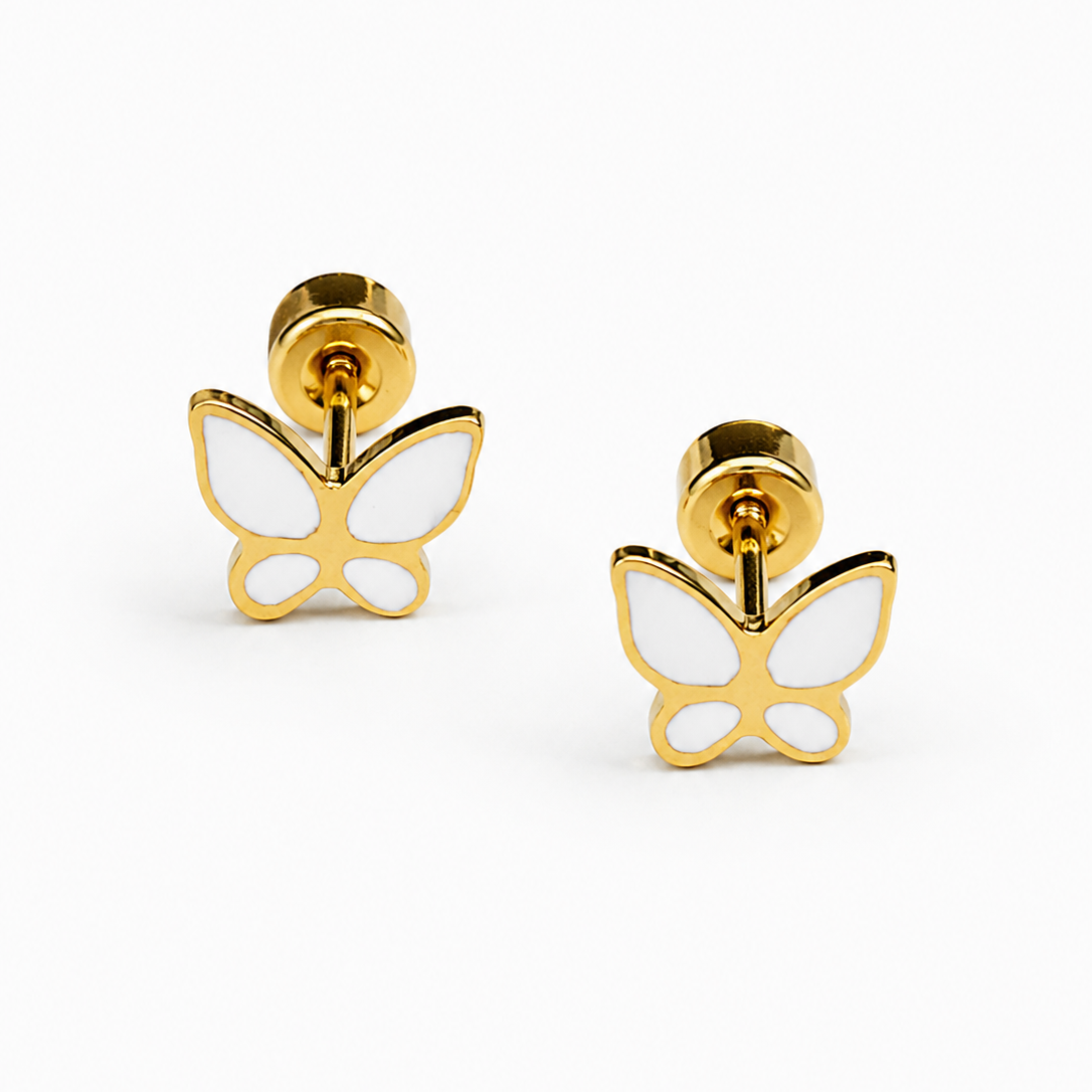 Aros con mariposa esmaltada en acero dorado