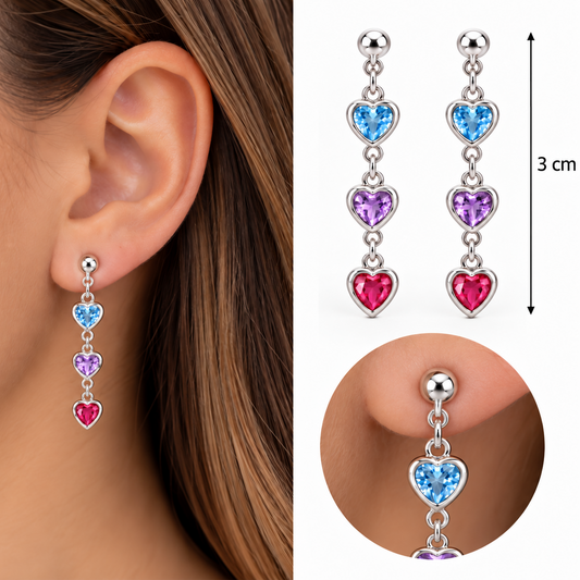 Aros Colgantes Plata 925 Corazones de Colores