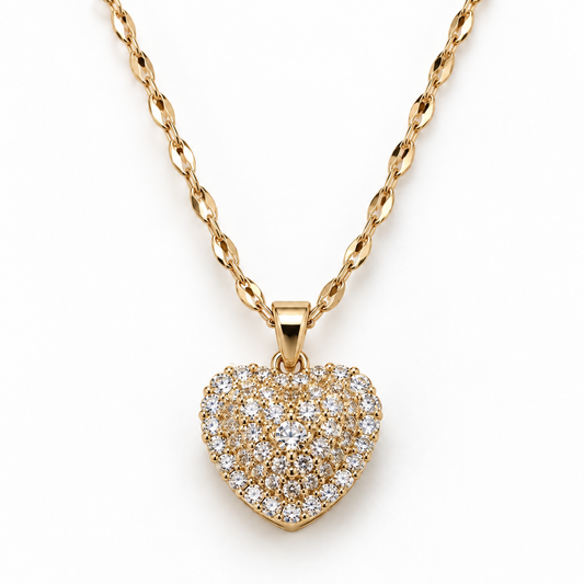 Cadena y Dije Corazón con micro cubics en Acero Dorado