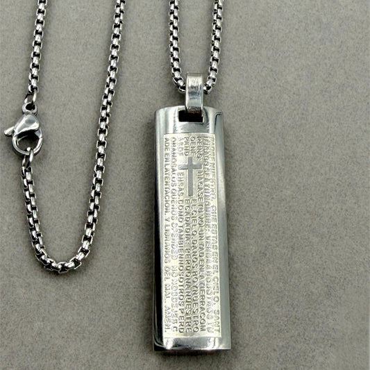 Cadena y Dije Rectangular Padre Nuestro en Acero Quirúrgico