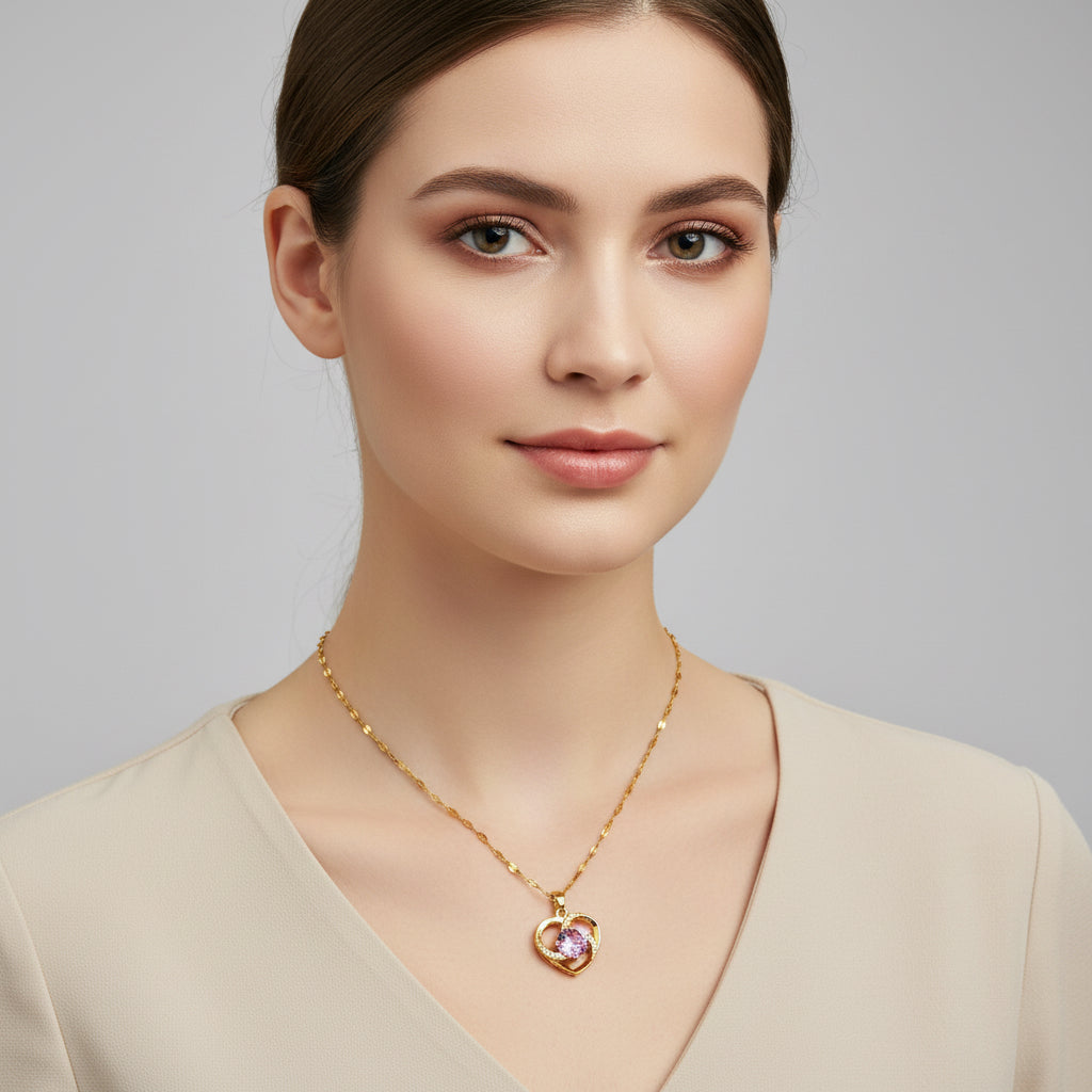 Cadena y dije acero dorado corazon con centro cubic rosa