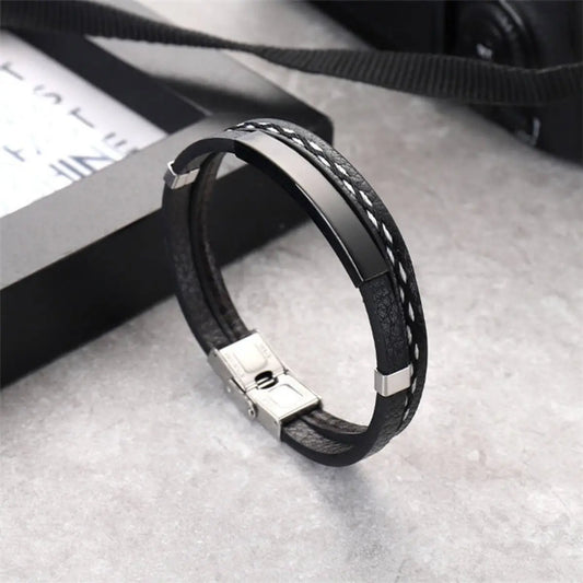 Pulsera Ecocuero Negra con Placa de Acero color negro