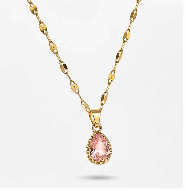 Collar de Acero Dorado con Dije de gota con cubic