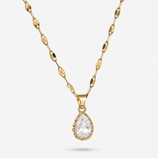 Collar de Acero Dorado con Dije de gota con cubic
