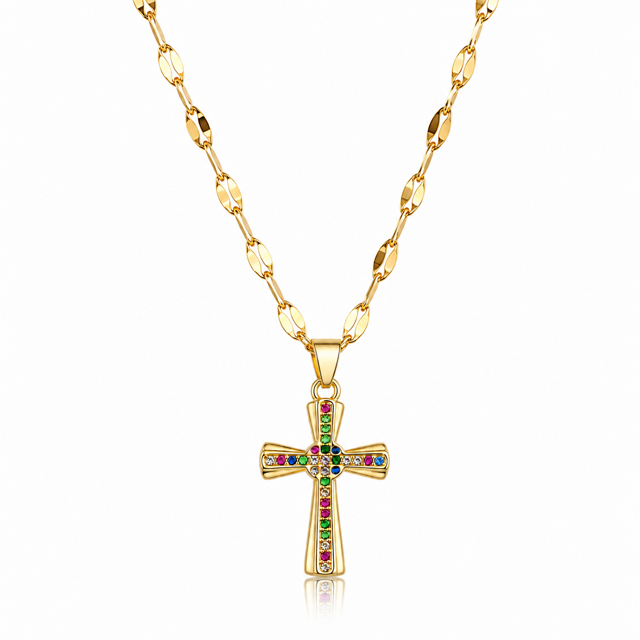 Cadena y Cruz Acero Dorado con Piedras Multicolor