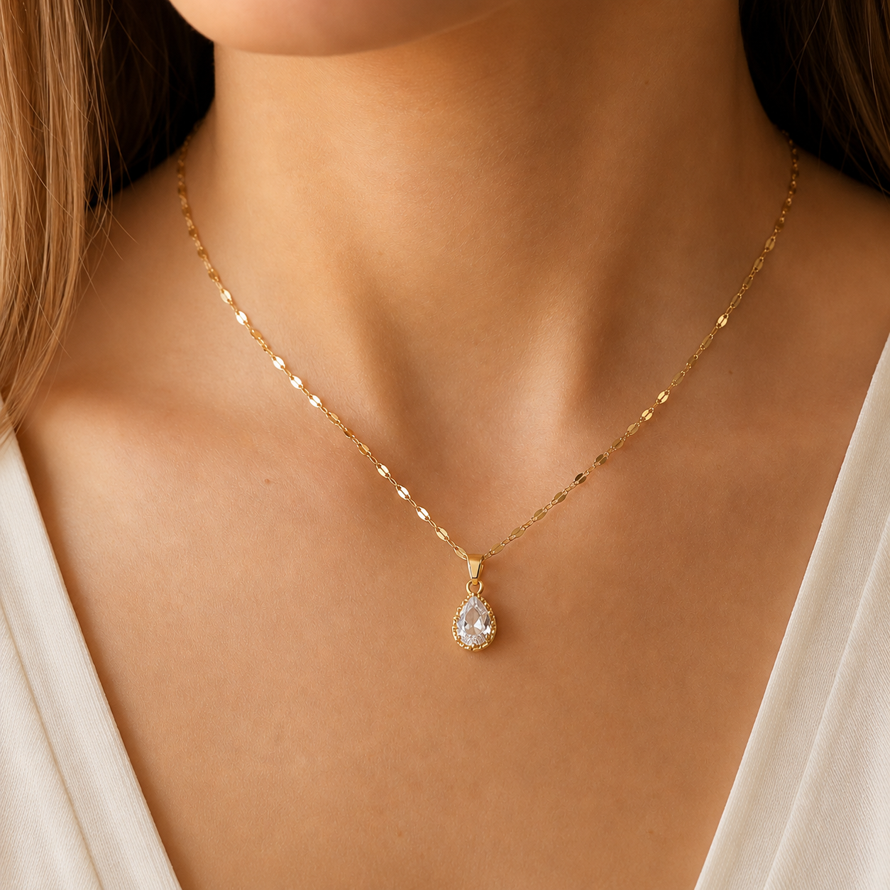 Collar de Acero Dorado con Dije de gota con cubic