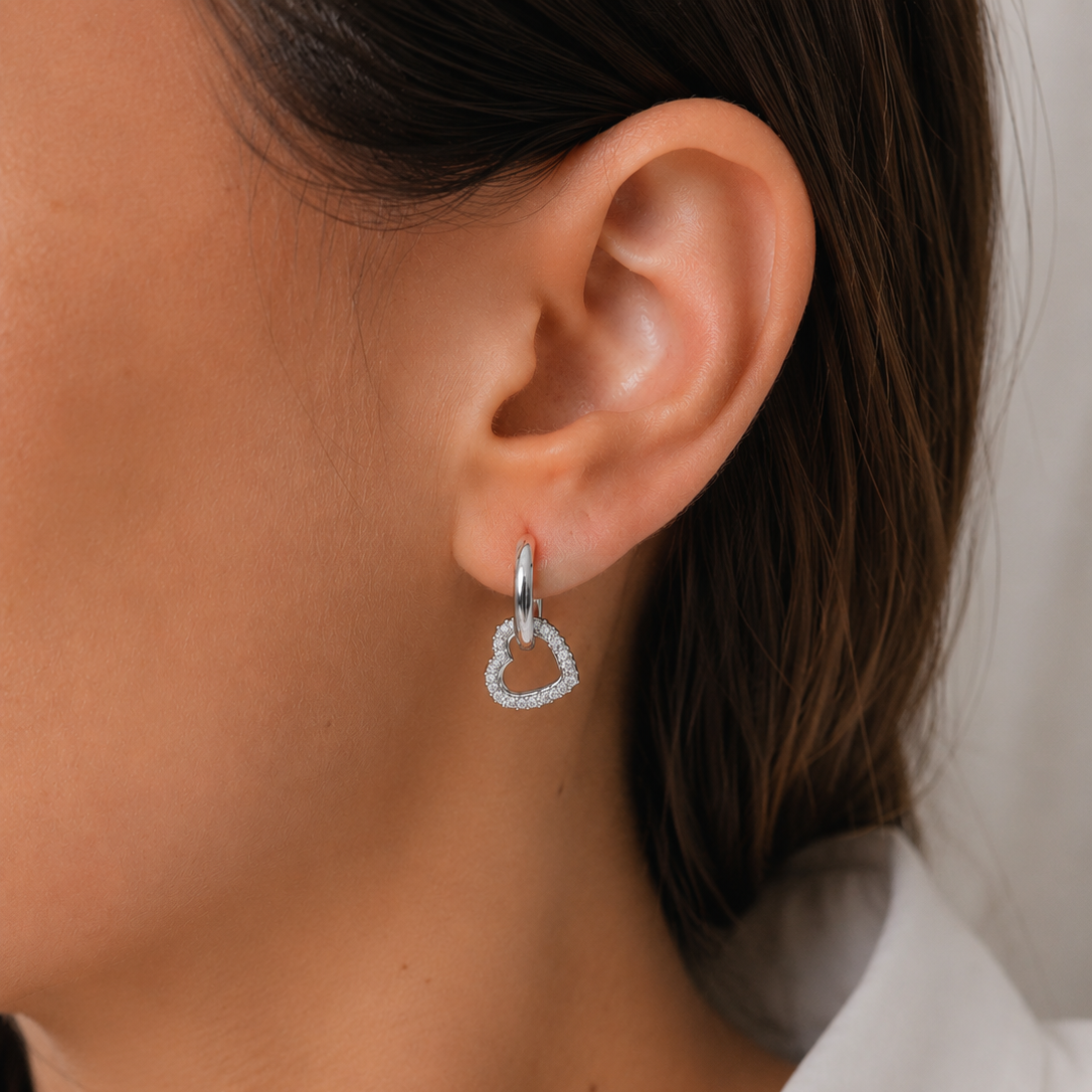 Aros Argolla Plata 925 con Corazón Micro Pave