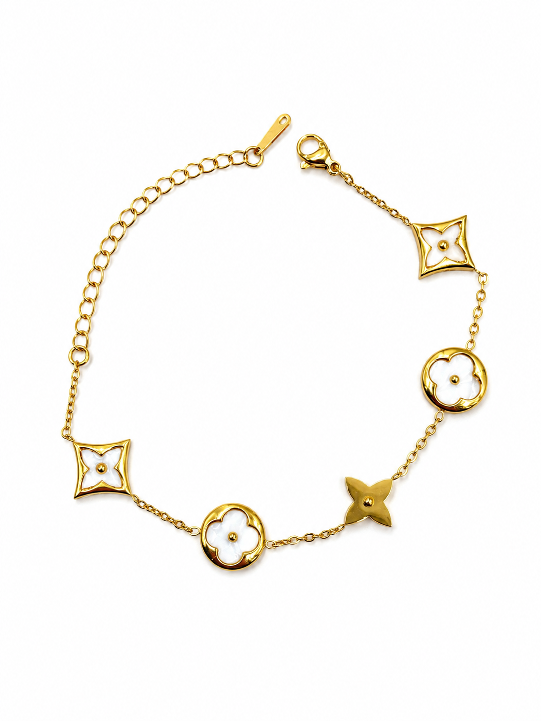 Pulsera con tréboles Blancos en Acero Dorado