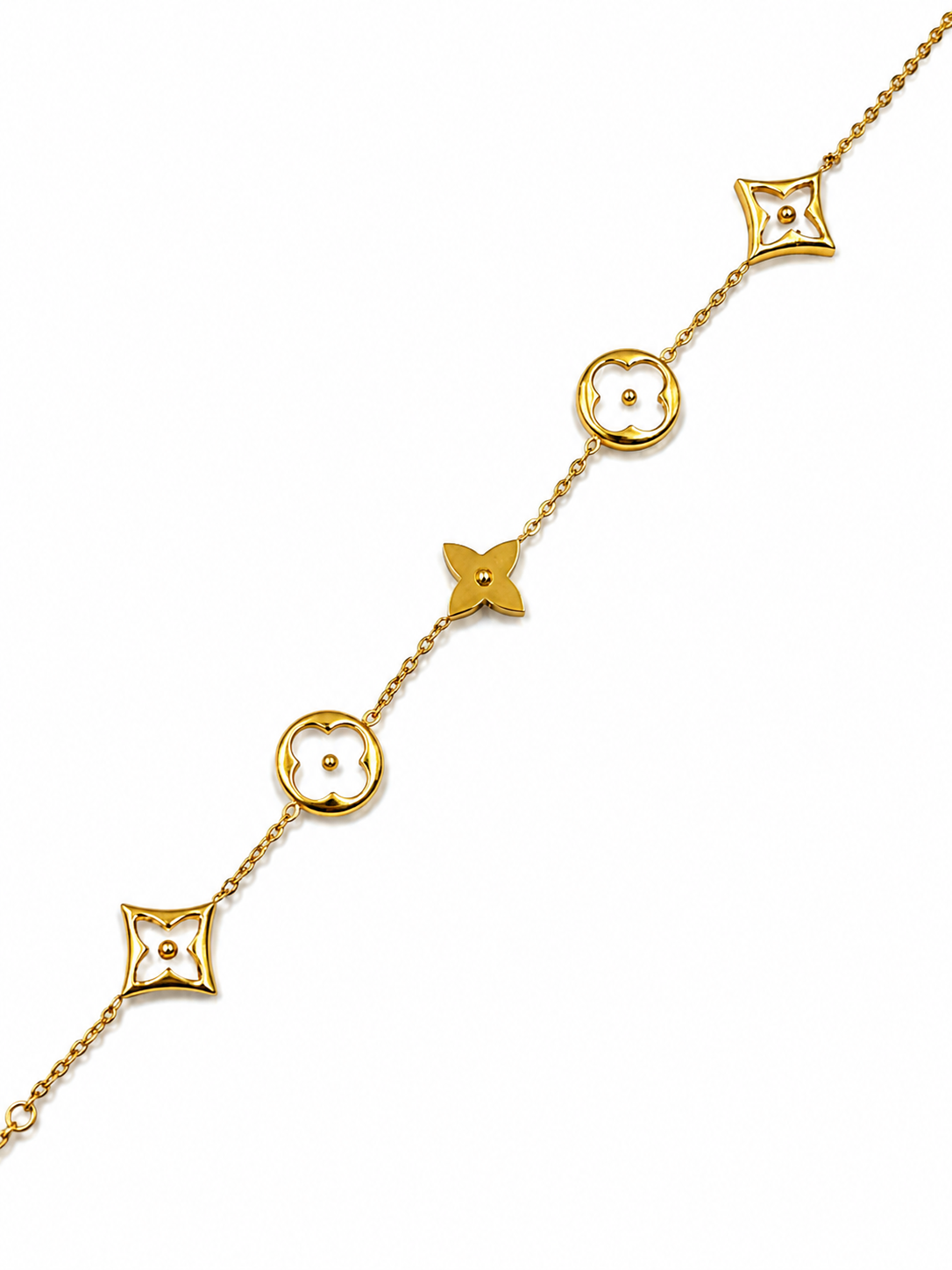 Pulsera con tréboles Blancos en Acero Dorado