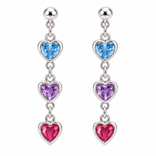 Aros Colgantes Plata 925 Corazones de Colores