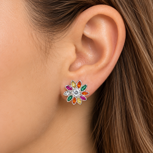 Aros Flor Multicolor cubic circonia en Plata 925