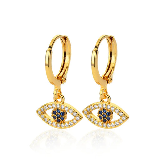 Aros Huggies con ojo turco colgante y strass mini