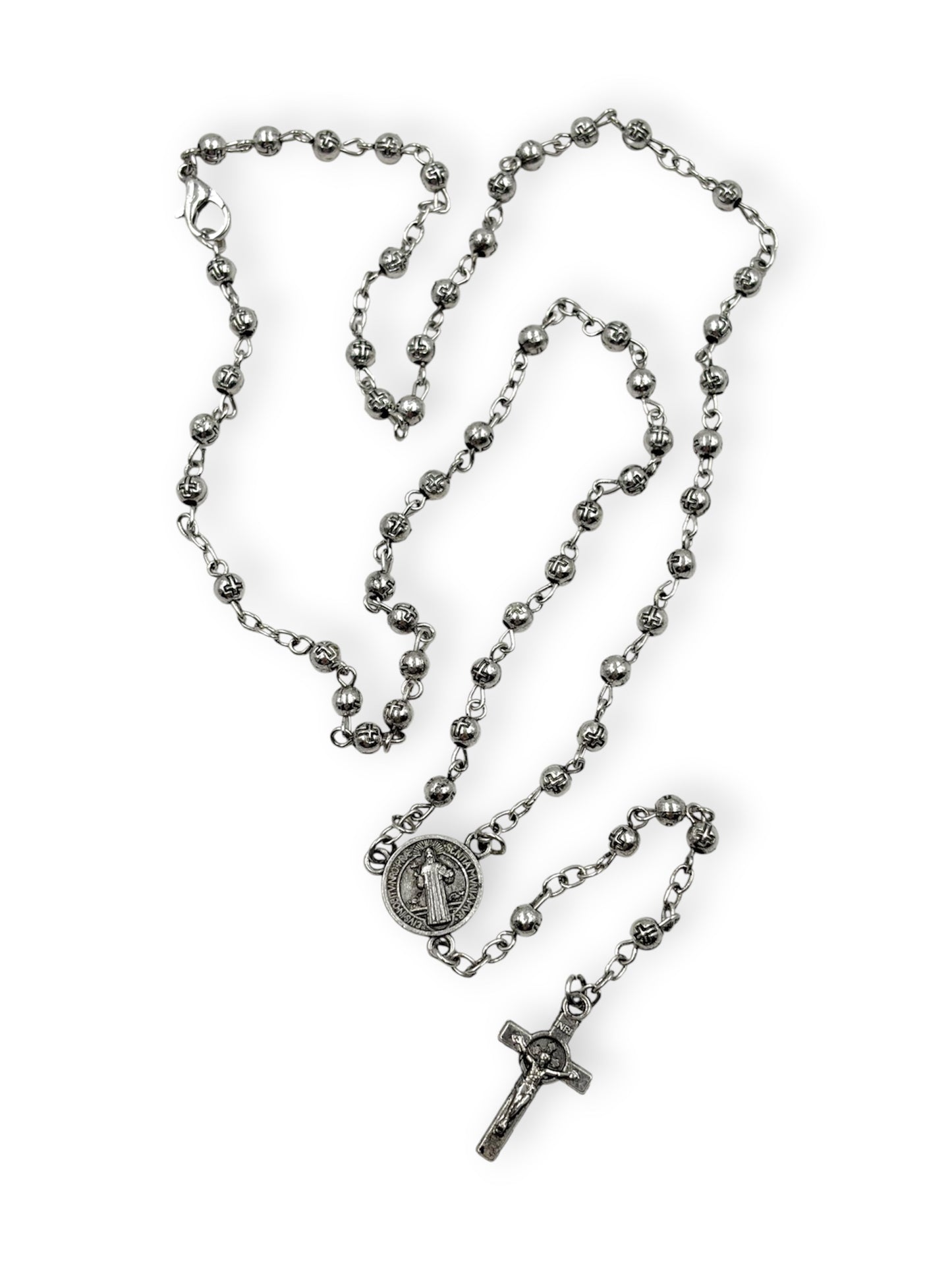 Rosario de Bolitas Plateado 4 mm con Medalla de San Benito