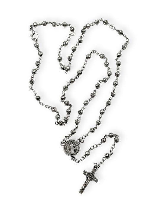 Rosario de Bolitas Plateado 4 mm con Medalla de San Benito