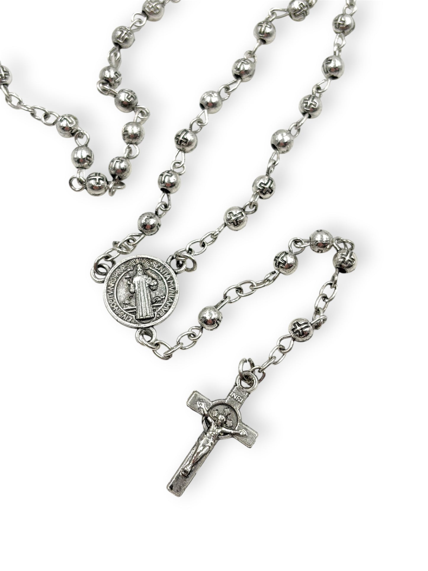 Rosario de Bolitas Plateado 4 mm con Medalla de San Benito