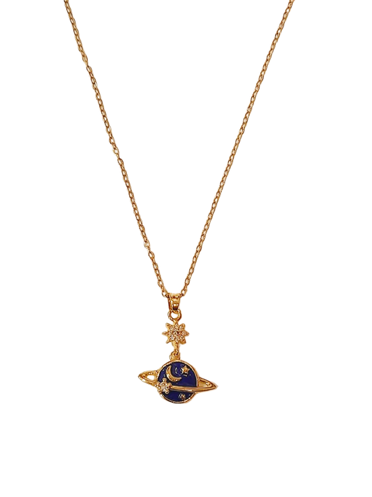 Cadena y dije Saturno en acero dorado